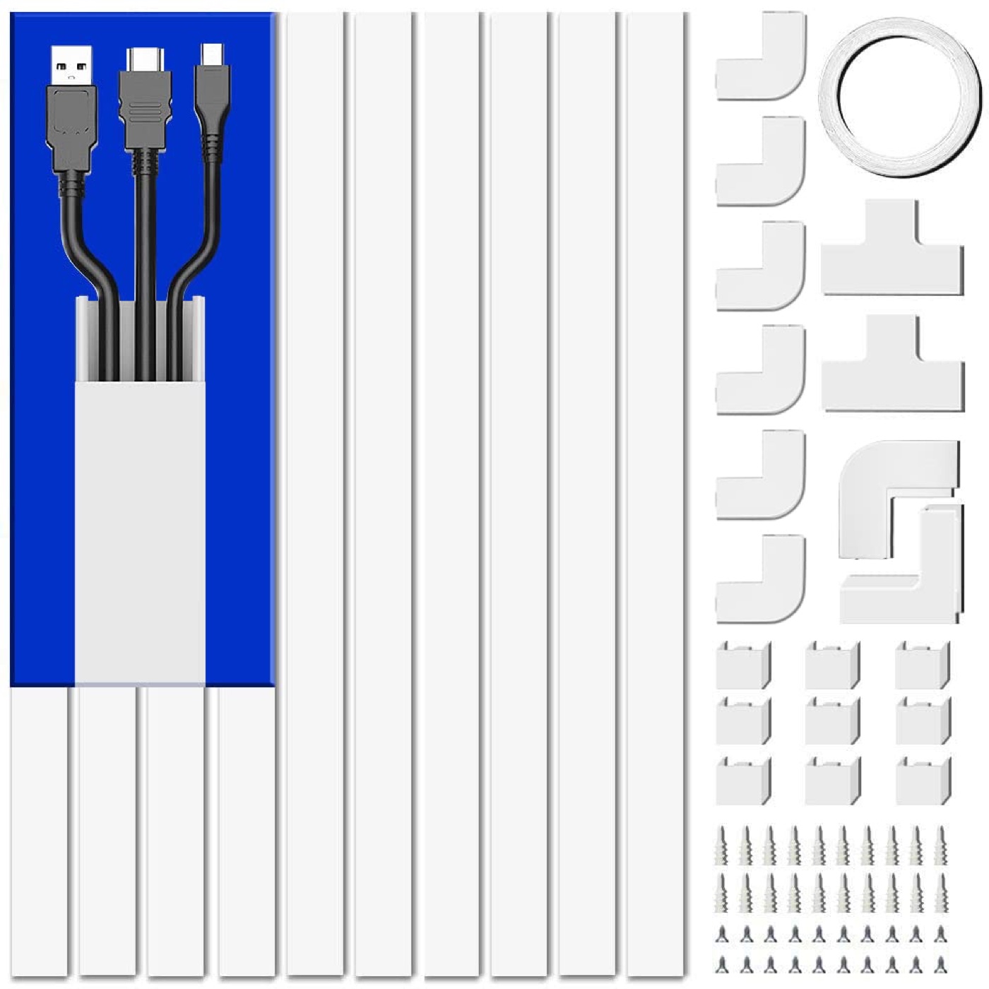 DELAMU 157-inch white cable raceway kit with straight channels, corner fittings, tape, anchors, and screws.