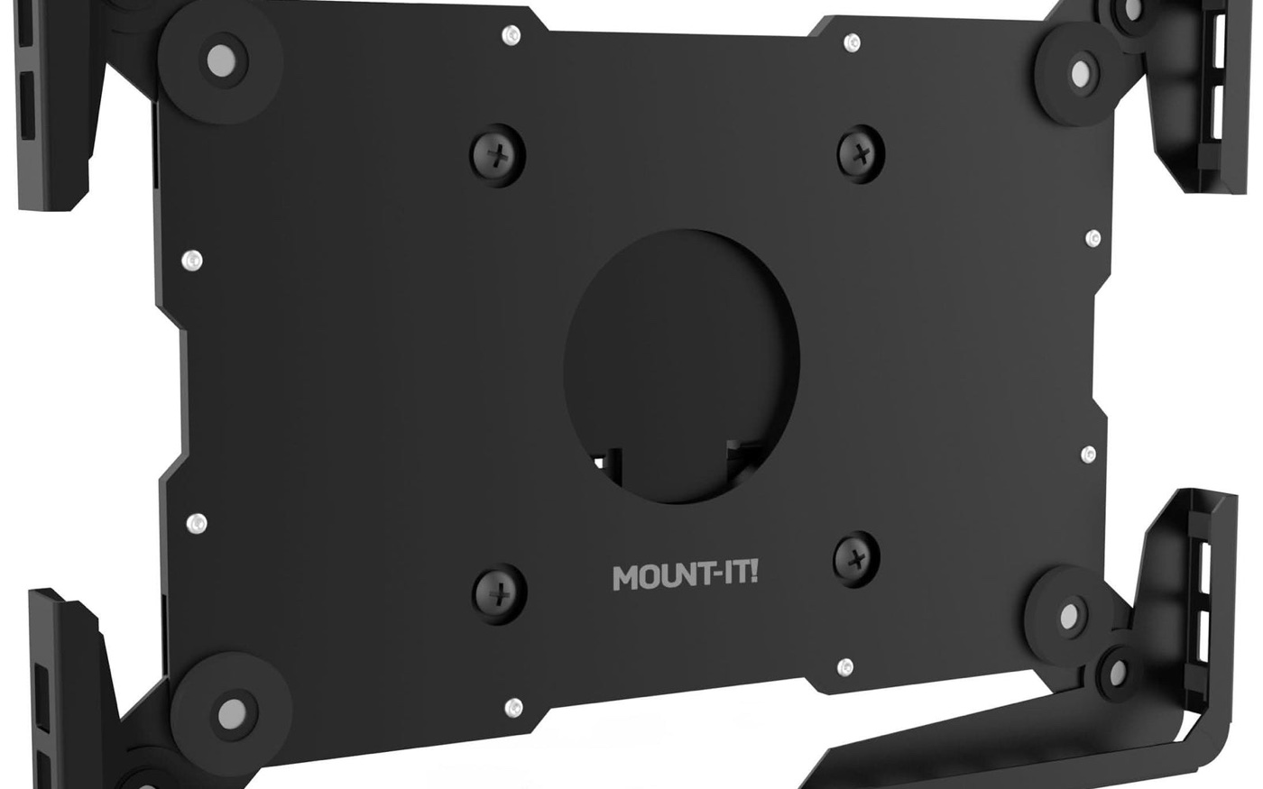 Rear view of the black Mount-It MI-3882 universal tablet enclosure with adjustable corner arms.