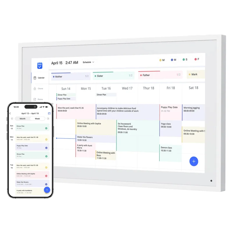 Dragon Touch white digital calendar with color-coded schedule