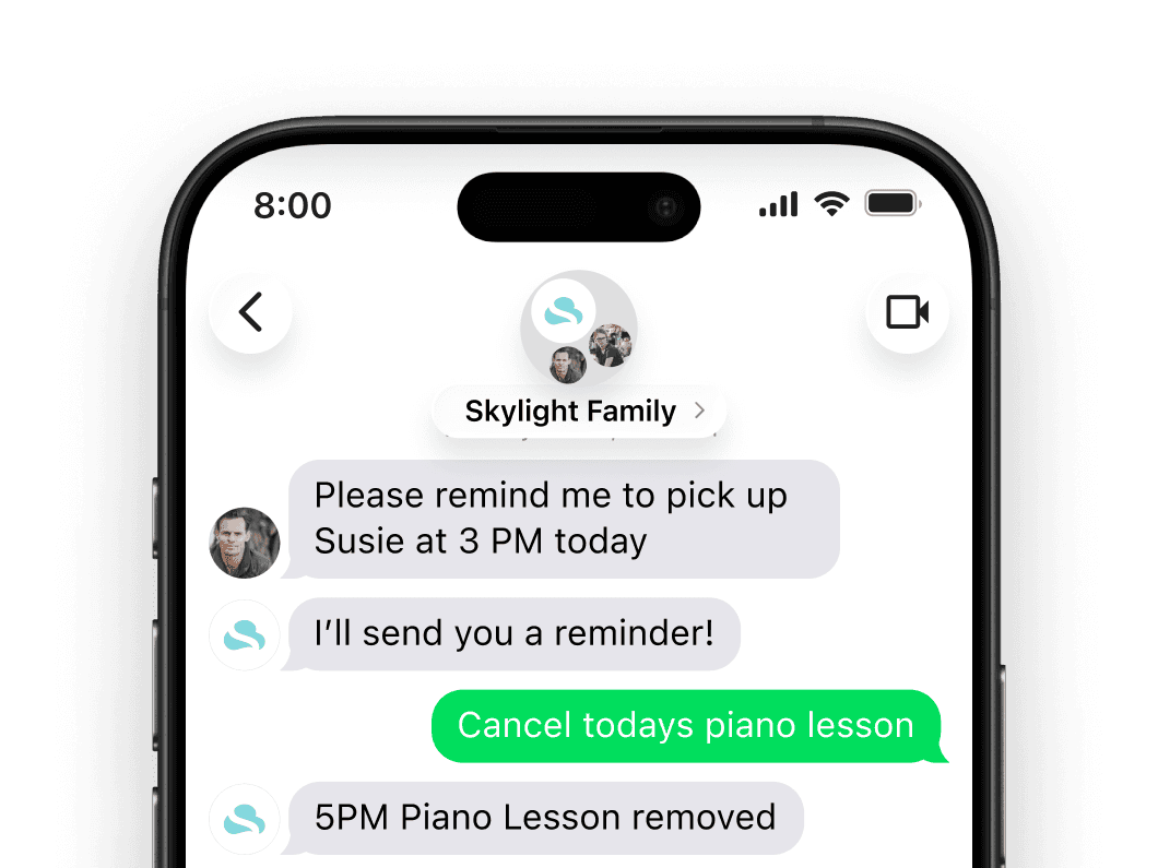 Skylight promotional SMS example showing a pickup reminder request and cancellation of a piano lesson