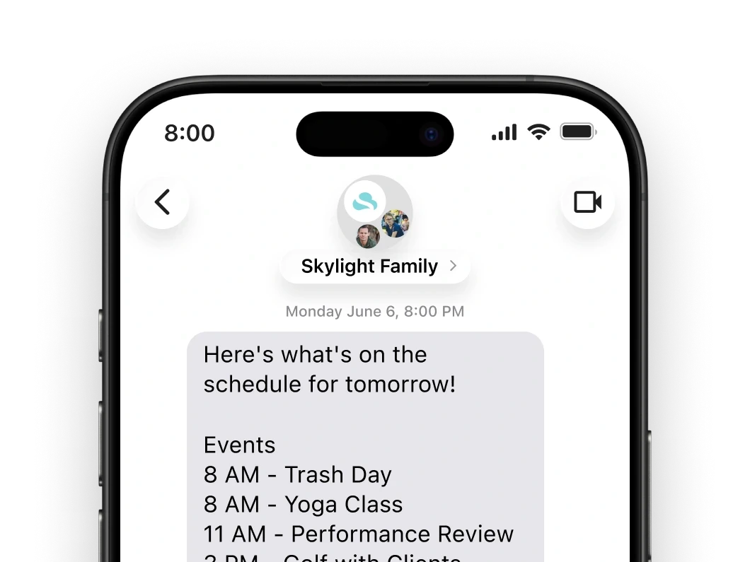 Skylight promotional phone image showing a family text with tomorrow’s events