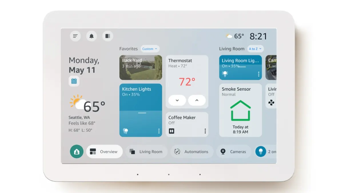 White Echo Hub displaying room controls and a calendar shortcut