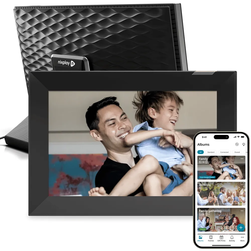 Nixplay Modern W10K in Black and Silver with its rear casing and phone album interface