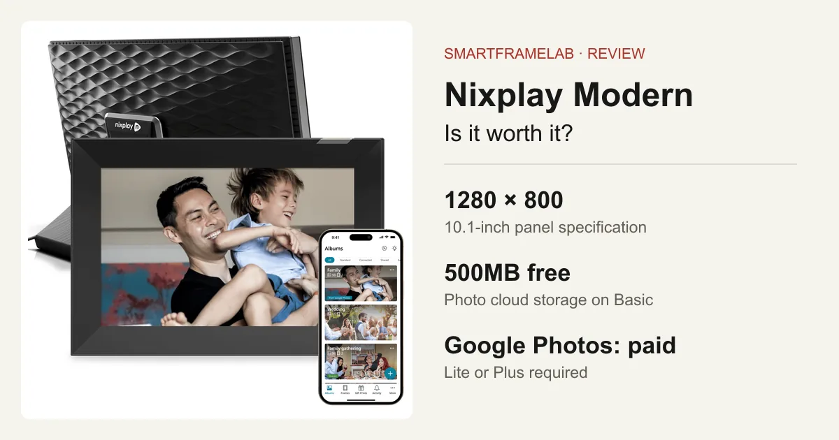 Nixplay Modern photo frame beside its screen resolution, free storage and Google Photos plan requirements