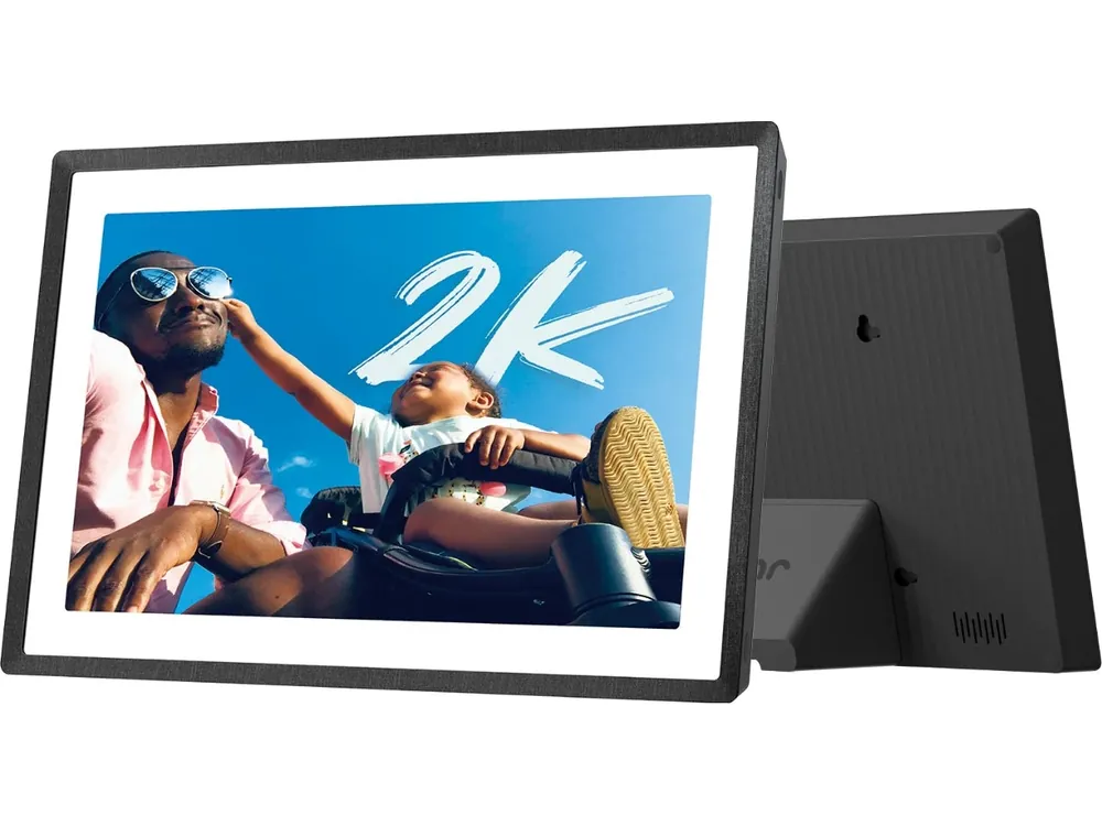 Pexar 2K 11-inch black photo frame, shown from the front and rear with its magnetic stand.