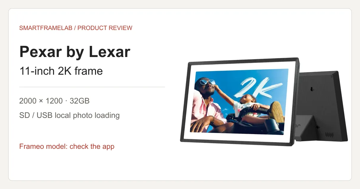 Pexar by Lexar 11-inch black frame beside its 2000 by 1200 resolution, 32GB storage and Frameo model identification.