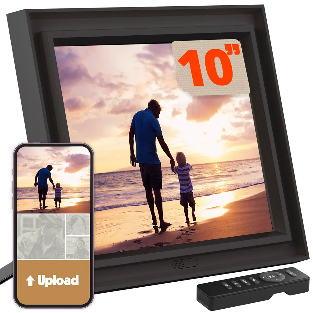 Pix-Star LUX 10 black photo frame with its handheld remote and phone upload illustration.
