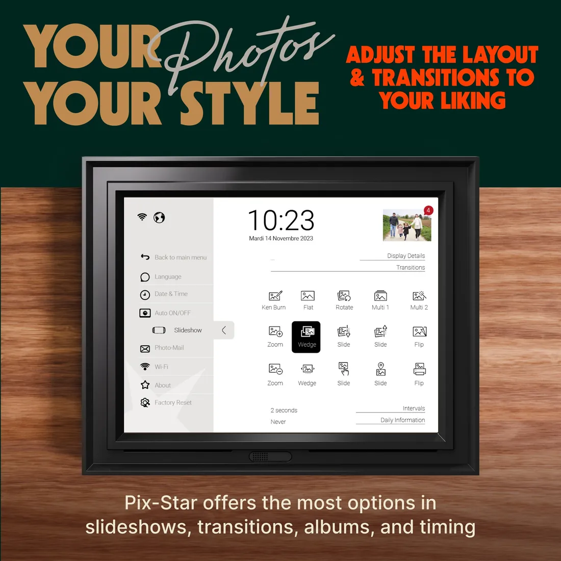 Pix-Star official LUX promotional image showing the slideshow settings menu and transition choices.
