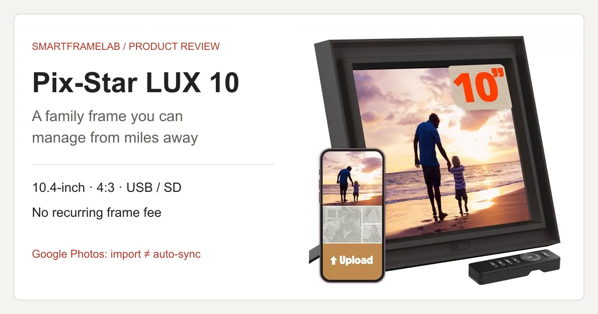 Pix-Star LUX 10 with its remote, beside a summary of local storage, subscription-free sharing and the Google Photos distinction.