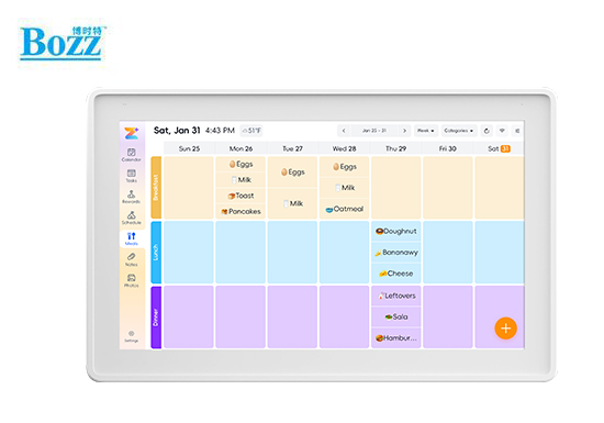White Bozztek CPF2708 calendar display showing a color-coded meal schedule