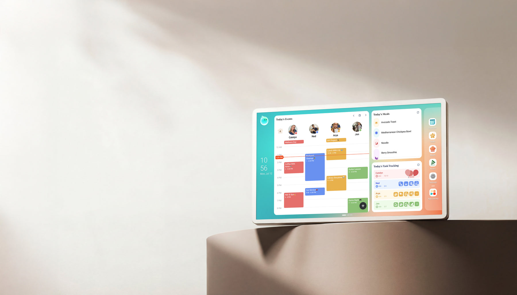 Cozyla Calendar+ family display showing calendar, meal, and task widgets.