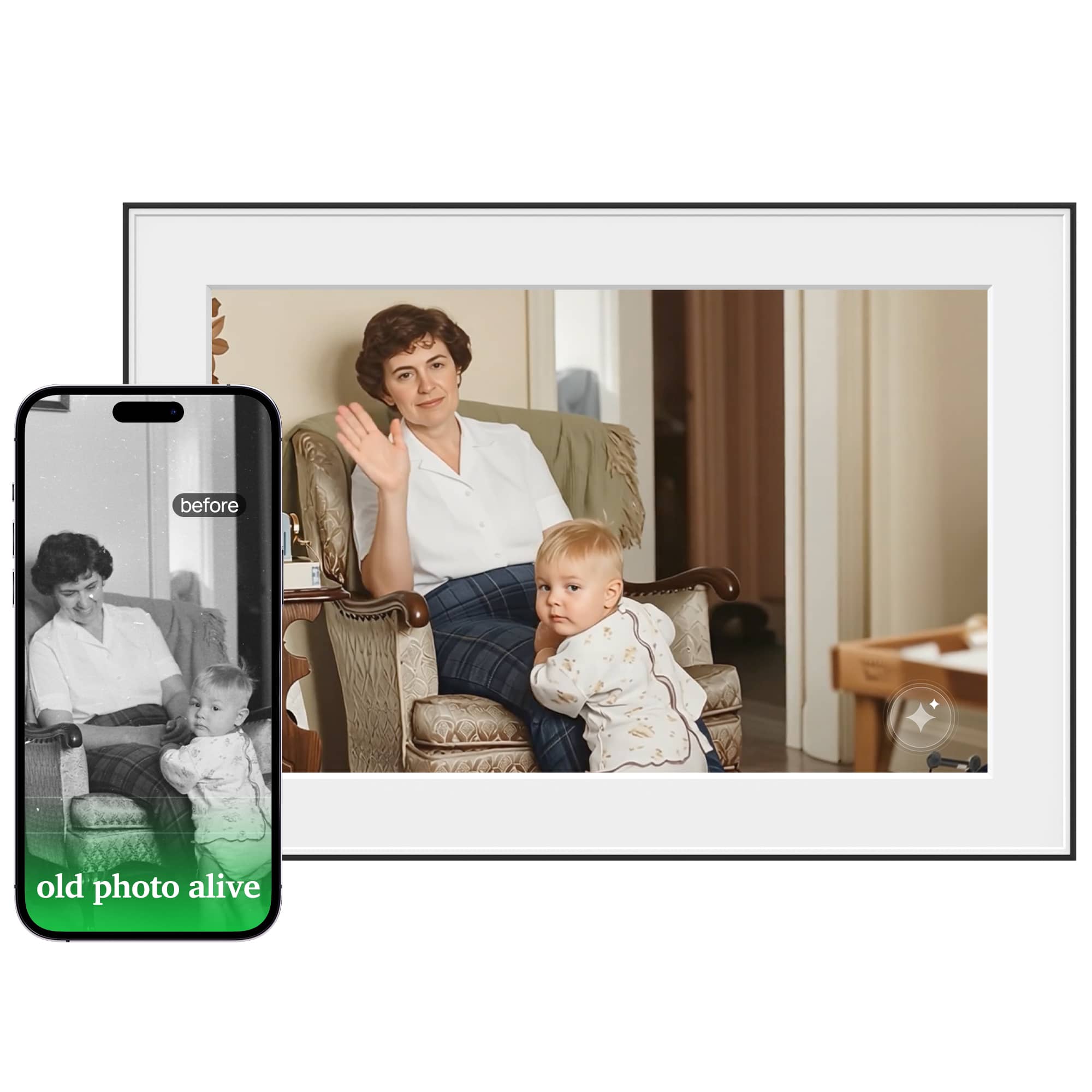 Homture Magic Frame product media showing the AI photo frame.
