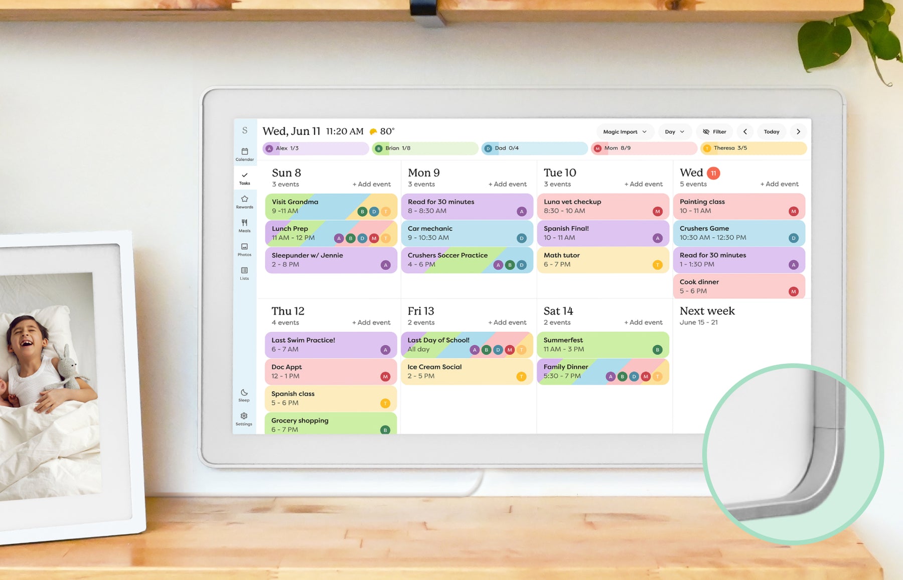 Skylight Calendar smart calendar frame showing a family schedule on a wall display.