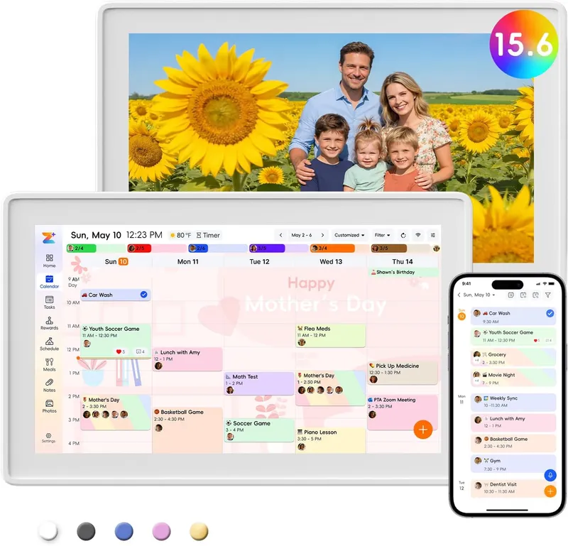 Westsee official artwork showing the white 15.6-inch calendar, photo display and Zical companion app; composite views of one product.