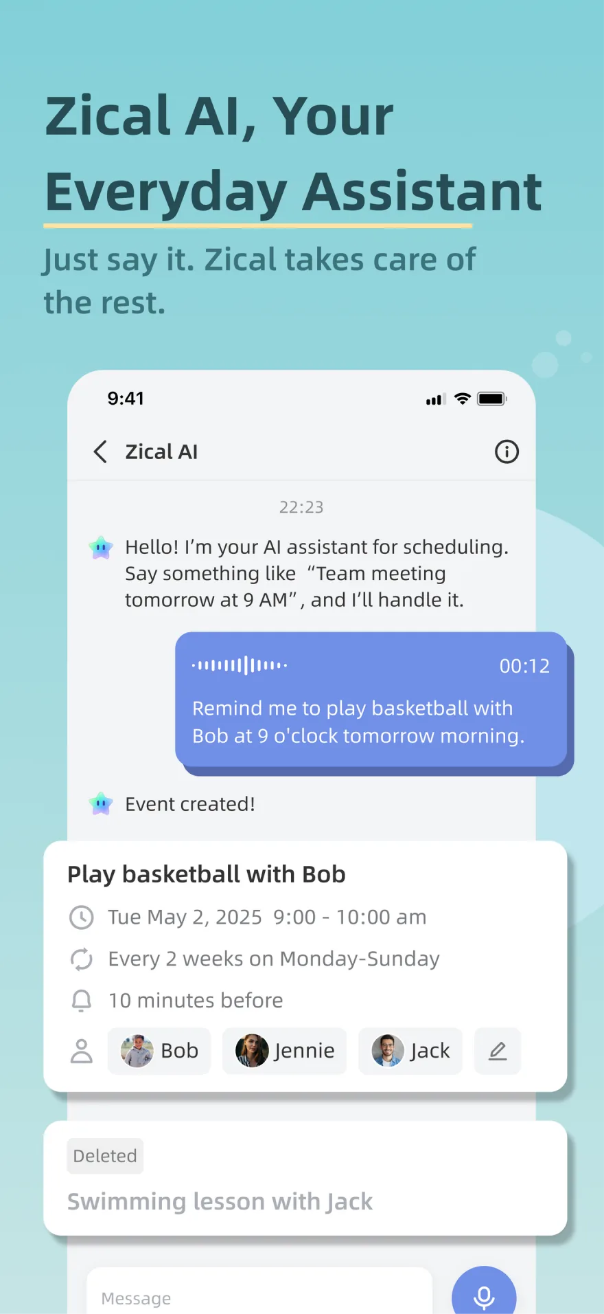 Zical 3.0 app screen showing the Zical AI assistant creating a family calendar event from a voice request.