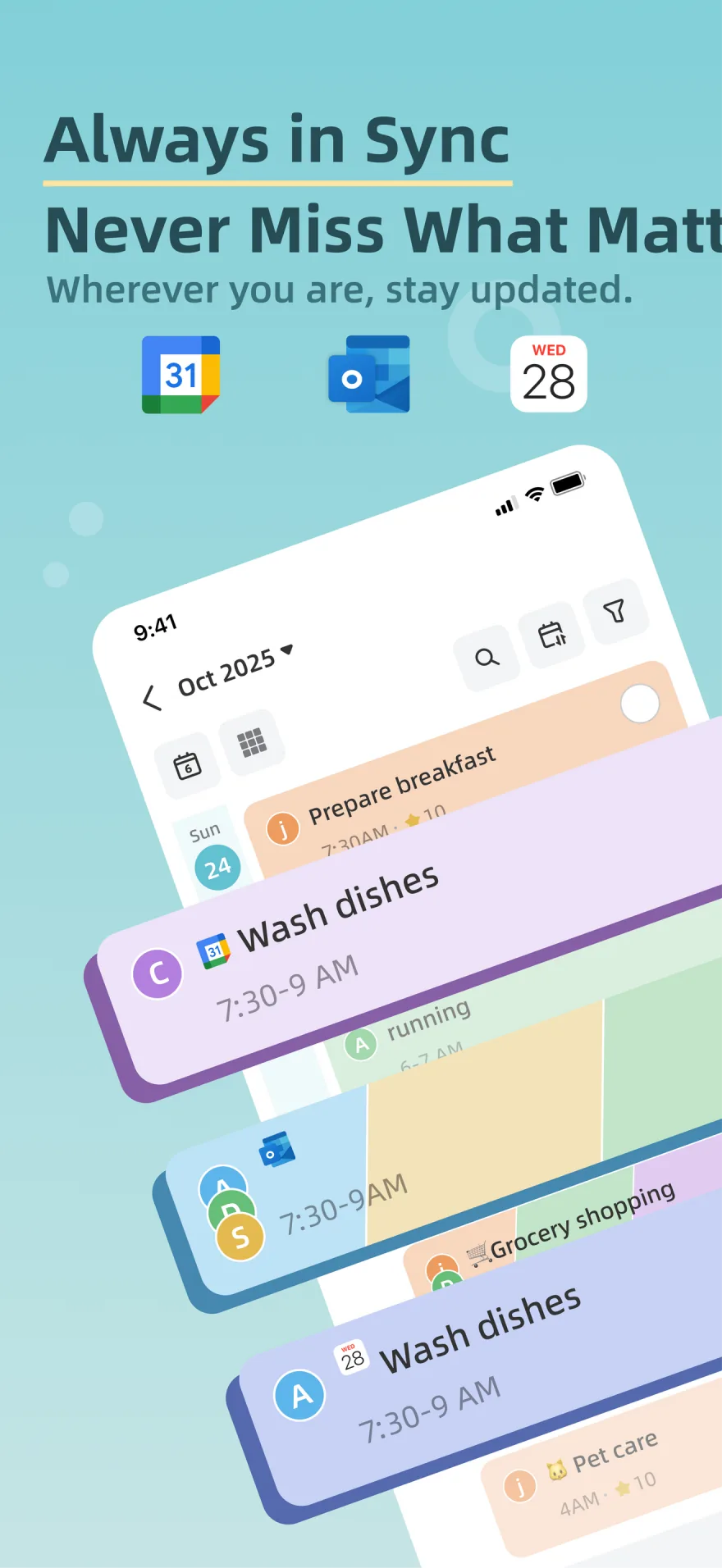 Zical 3.0 calendar artwork showing Google Calendar, Outlook, and Apple Calendar sync.