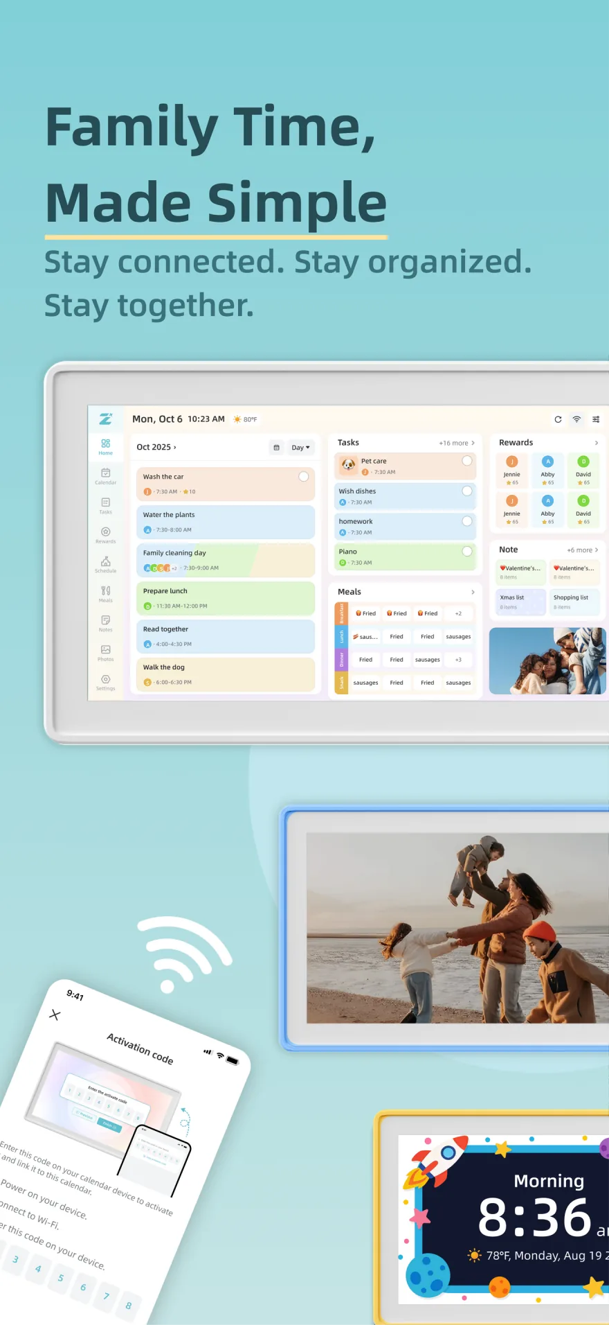 Zical 3.0 artwork showing the mobile app connecting to multiple smart calendar display designs.
