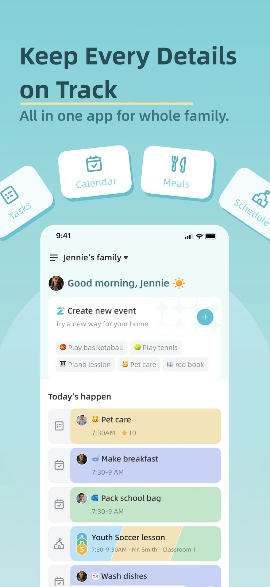Zical 3.0 family home screen showing calendar, task, meal, and school schedule activity in one timeline.