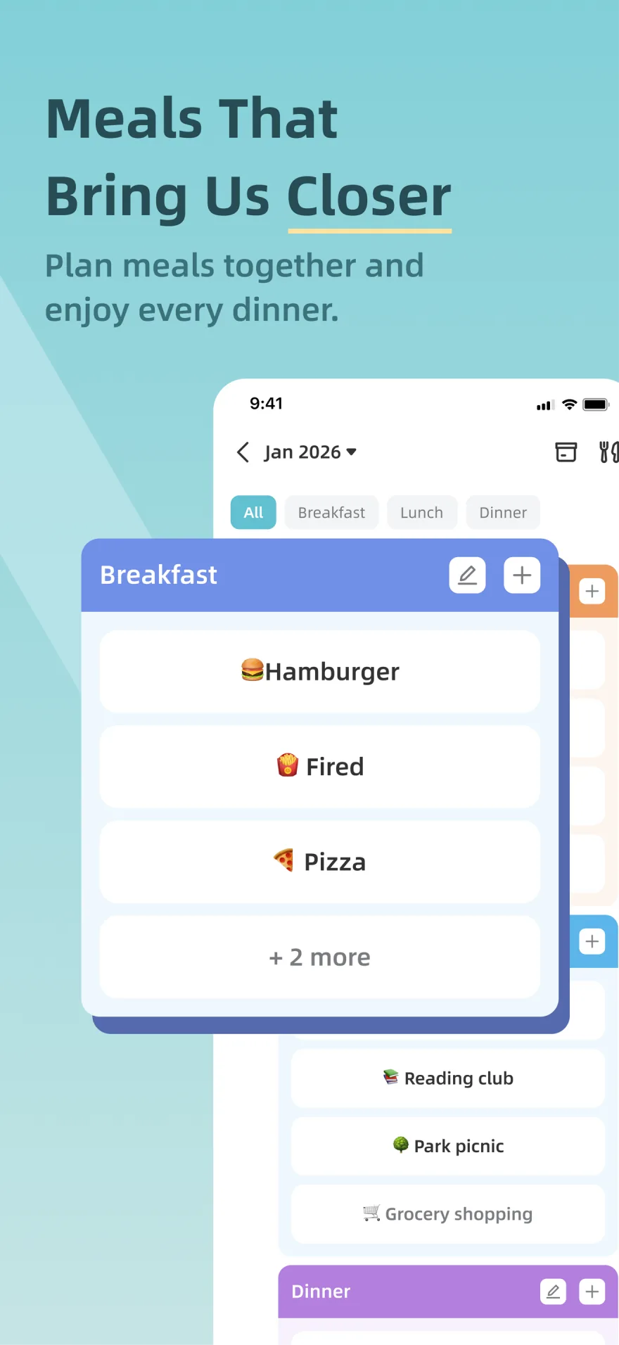 Zical 3.0 meal planning screen showing breakfast choices and a weekly meal schedule.