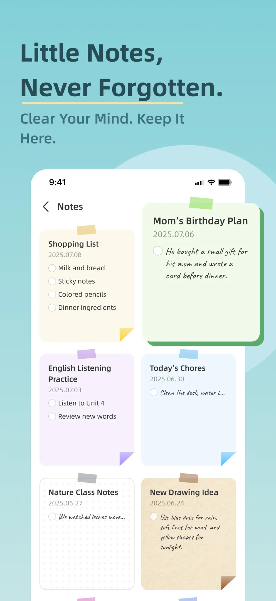 Zical 3.0 notes screen showing colorful household lists and family reminders.