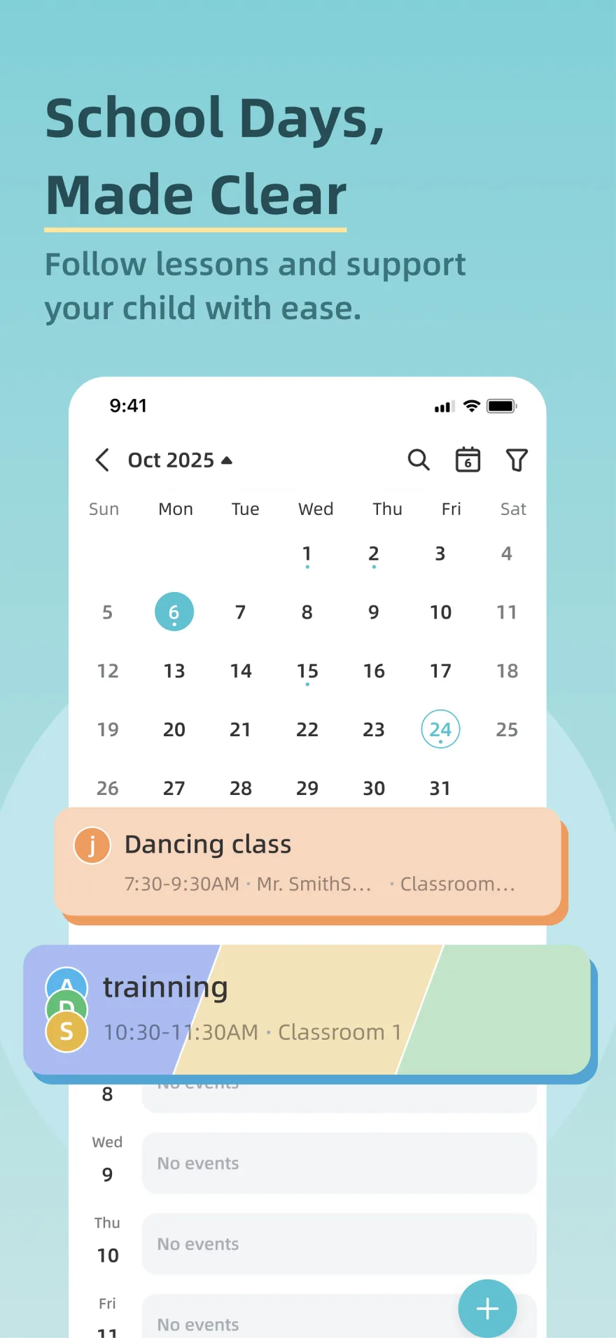 Zical 3.0 school schedule screen showing classes in a monthly calendar and agenda.