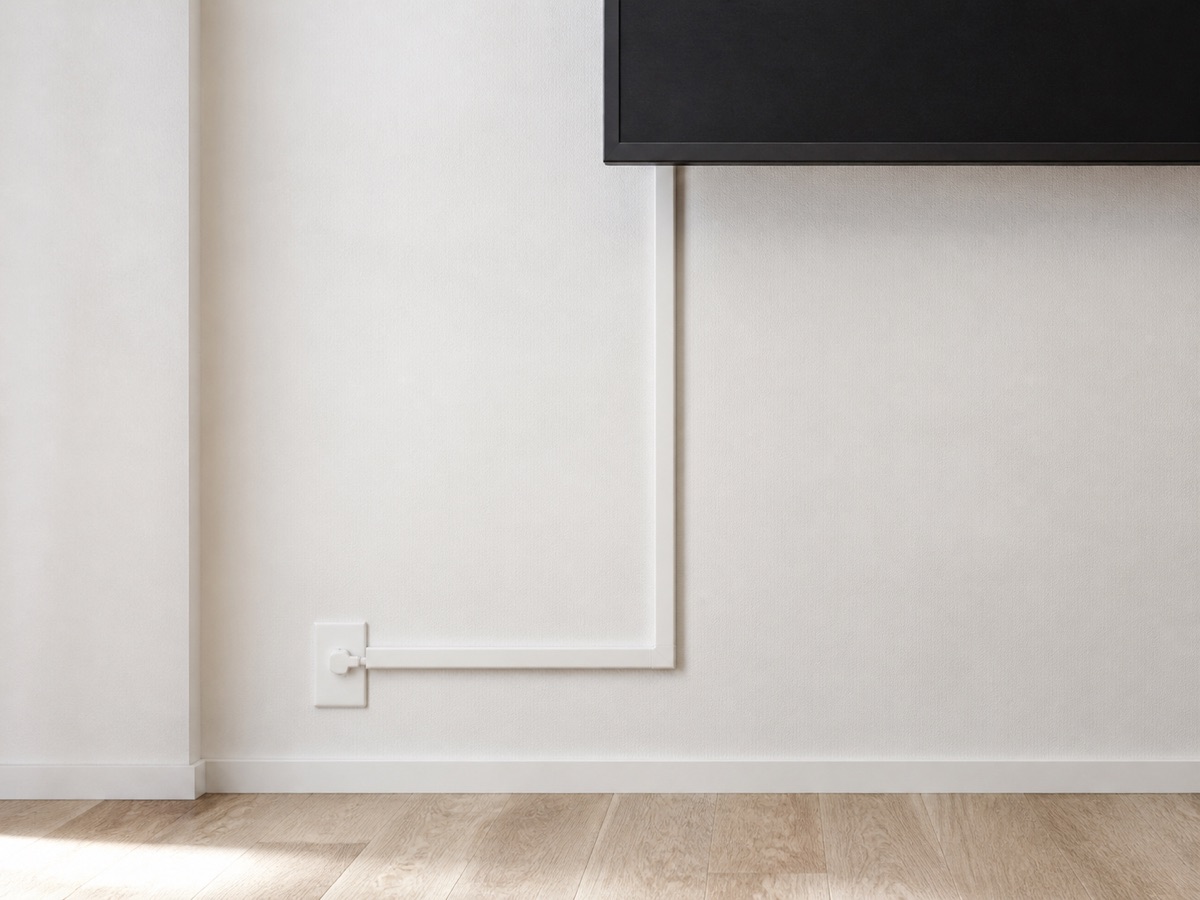 Editorial illustration of a generic surface cable raceway beneath a wall display.