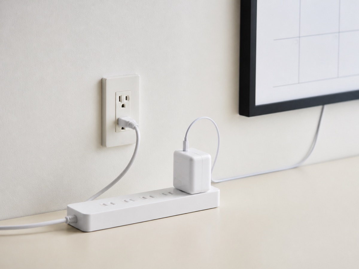 Editorial illustration of a generic flat-plug power strip and display adapter.