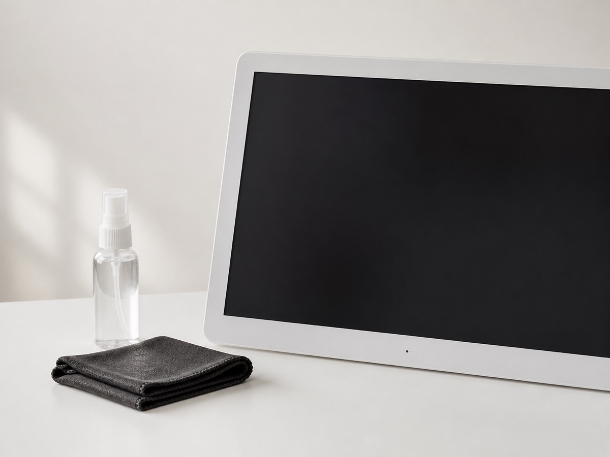 Editorial illustration of a microfiber cloth and unbranded screen cleaner beside a powered-off display.