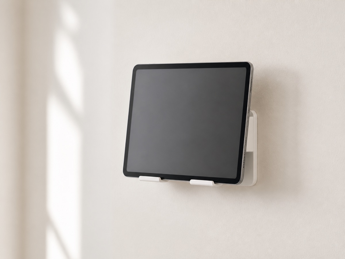 Editorial illustration of a generic tablet wall mount on a quiet off-white wall.